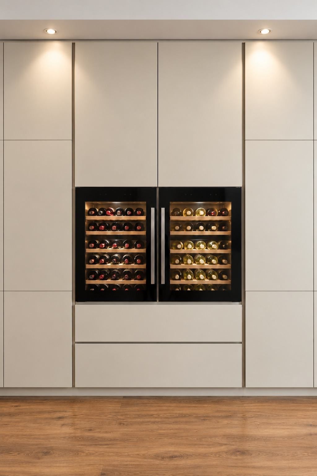 Columnas de cocina de suelo a techo con vinoteca doble integrada e iluminación empotrada
