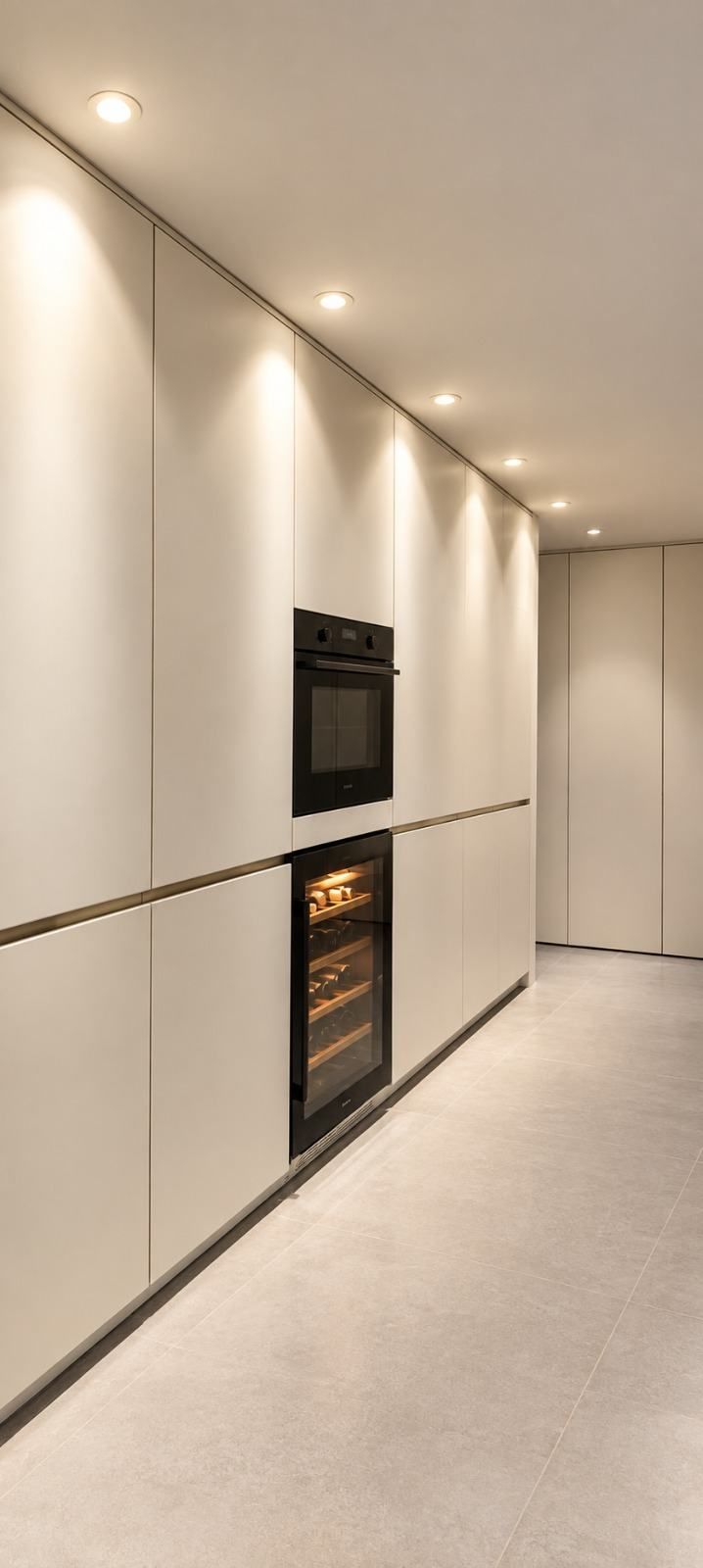 Largo lineal de columnas de cocina con horno y vinoteca integrados e iluminación empotrada