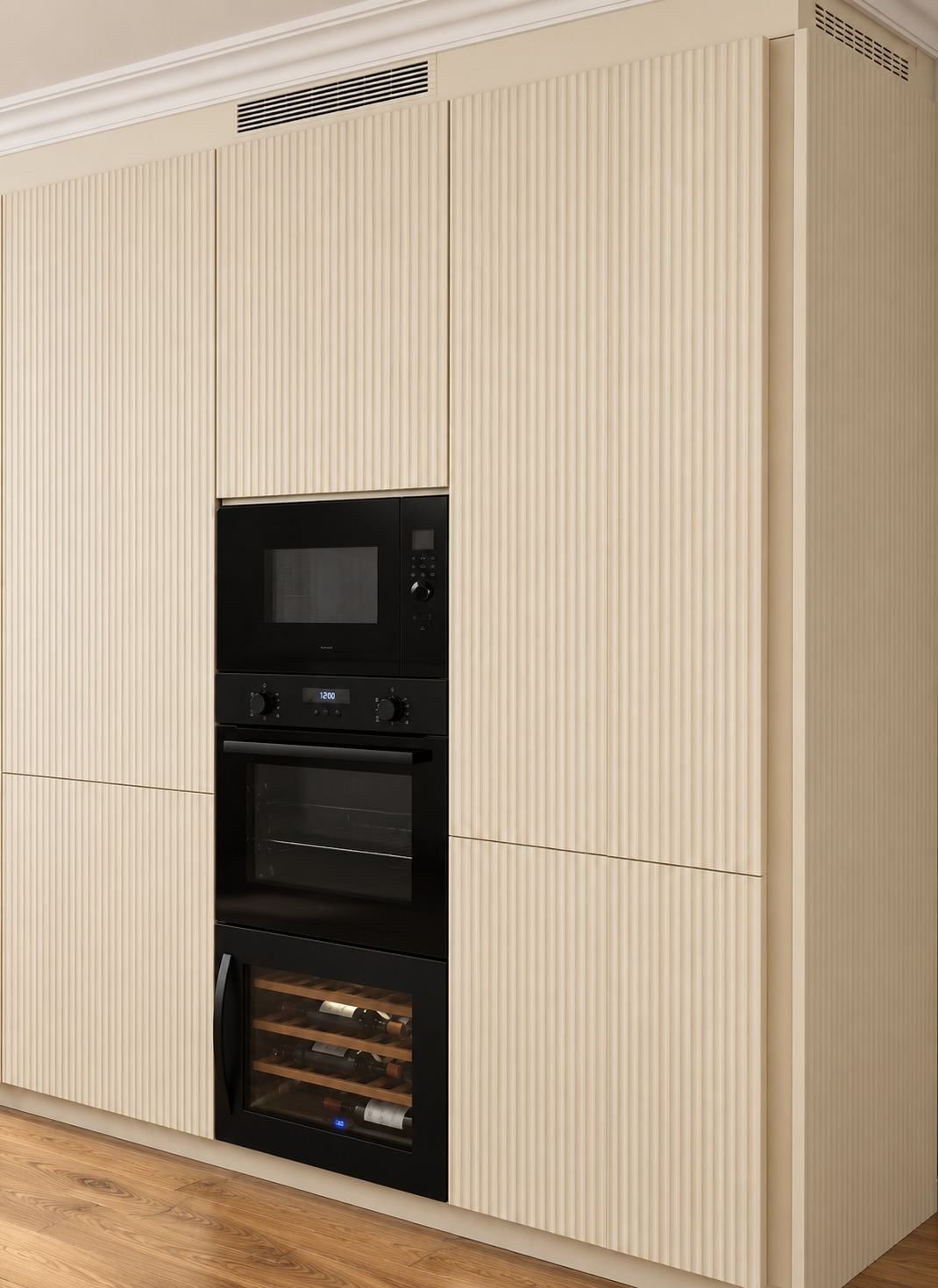 Columnas acanaladas de suelo a techo con microondas, horno y vinoteca integrados