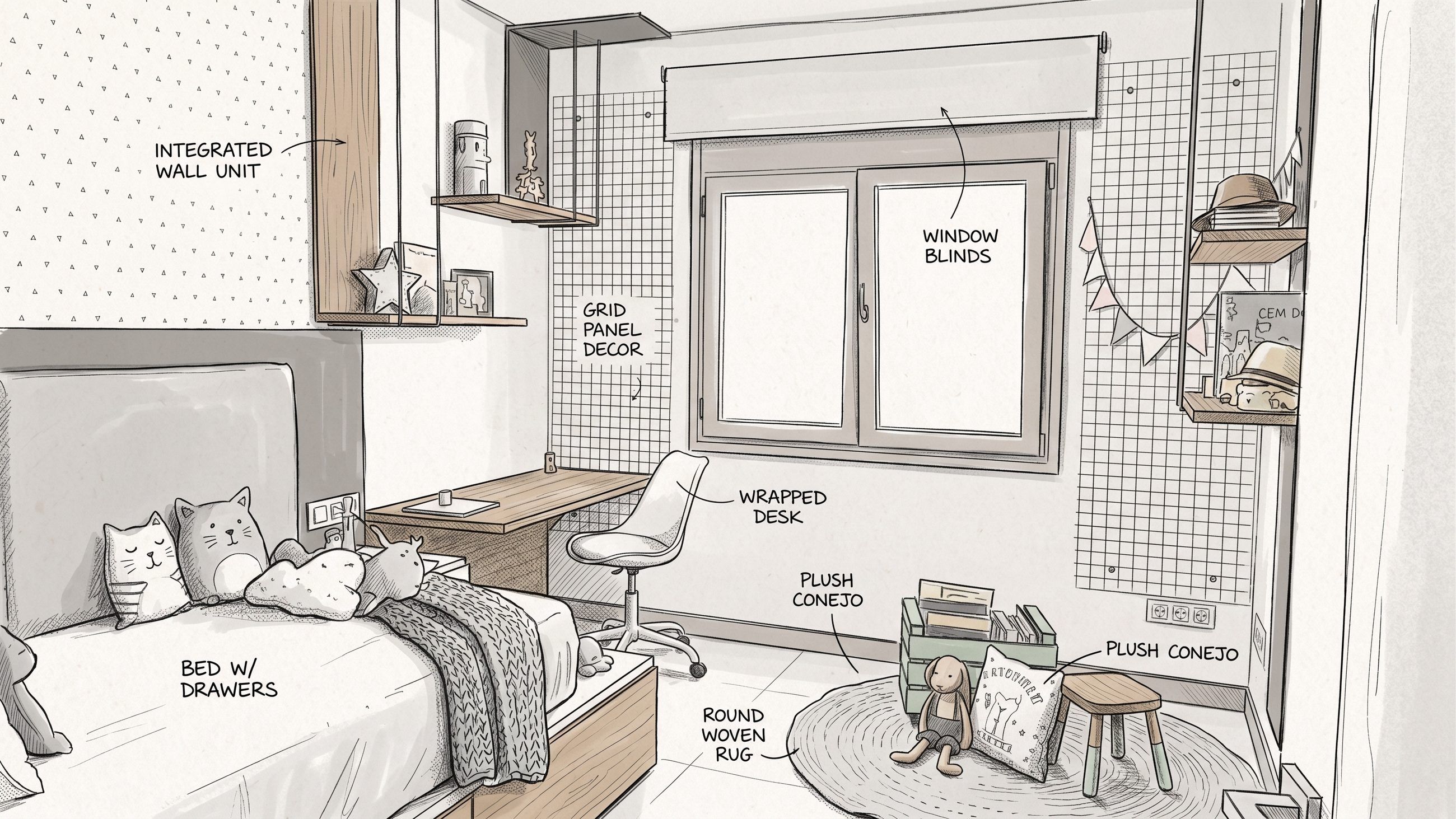 Dormitorio juvenil con cama con cajones, escritorio volado y paneles de rejilla en la pared